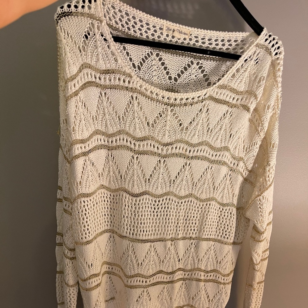 White crochet sweater with gold metallic accents